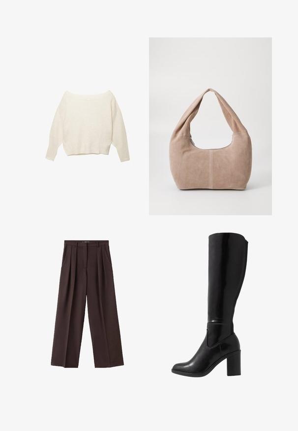 Kremasti pulover s otkrivenim ramenima, s rebrastim rubom i dugim, širokim rukavima. Mekana tekstura, ležeran kroj. Jednostavan, minimalistički dizajn.; Smeđa široka hlače izrađene od teksturiranog materijala, sa prednjim plisama, bočnim džepovima i klasičnim dizajnom struka.; Crne čizme sa visokom potkoljenicom, sjajne, s potpeticom, okruglim prstom, glatkom teksturom, bočnim izrezom i debelim složenim potpeticama.; Torba tipa hobo napravljena od mekog, zamjenskog materijala u svijetloj bež boji. Ima zaobljen oblik, široku naramenicu i zatvaranje na zip.; Zlatna ogrlica s finim lančićem, veliki mat srebrni privjesak u obliku srca i manji sjajni privjesak u obliku srca.