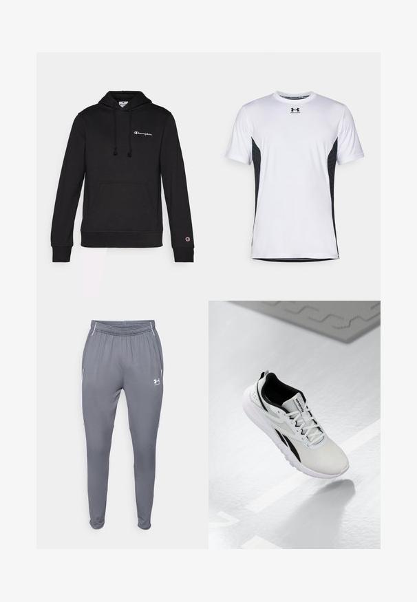 Čierna mikina s kapucňou vyrobená z jemnej zmesi bavlny, s prednou vreckom, šnúrkou na kapucni a vyšitým logom Champion v bielej farbe.; Under Armour CHALLENGER PRO SS - Športové tričko - white/black; Šedé športové nohavice s elastickým pásom, bočnými vreckami a bielymi akcentmi. Vyrobené z hladkého, ľahkého materiálu.; Svetlošedá športová topánka s čiernymi akcentmi, textúrovaný vrch z textilu, polstrovaná podrážka a šnurovací systém. Obsahuje pútko na päte.