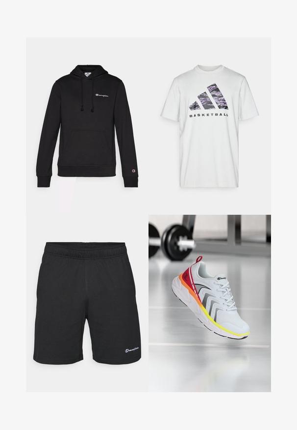 Schwarzer Hoodie aus einem weichen Baumwollmix, mit einer Fronttasche, Kordelzugkapuze und dem in Weiß gestickten Champion-Logo.; Weißes Baumwoll-T-Shirt mit kurzen Ärmeln, das einen lila und schwarzen Grafikdruck mit drei Streifen und dem Wort "BASKETBALL" zeigt.; Schwarze sportliche Shorts mit einem elastischen Bund, aus weichem Stoff gefertigt, mit einem kleinen weißen Logo auf der linken unteren Seite.; Weiße Sportschuhe mit einem Obermaterial aus Mesh, bunten Akzenten in Rot, Orange und Gelb, mit einer strukturierten Sohle und schwarzen Details.
