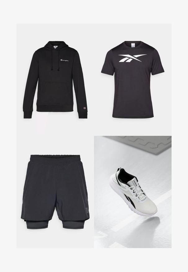 Juodas megztinis su gobtuvu, pagamintas iš minkštos medvilnės mišinio, su priekyje esančia kišenėle, su raišteliu reguliuojamu gobtuvu ir Champion logotipu, išsiuvinėtu balta spalva.; Juodas sportinis marškinėlis pagamintas iš lengvos medžiagos, su ryškiu baltu logotipu ant priekio. Trumpomis rankovėmis ir apvalia kaklo iškirpte.; Juodi sportiniai šortai su elastingu juosmeniu, sluoksniuota konstrukcija ir prigludusia vidine pamušalu. Turi subtilų logotipą apatinėje pusėje.; Šviesiai pilki sportiniai batai su juodais akcentais, tekstūruota tinklinė viršutinė dalis, paminkštintas padas ir raišteliais užsegamas užsegimas. Yra kulno traukimo kilpelė.