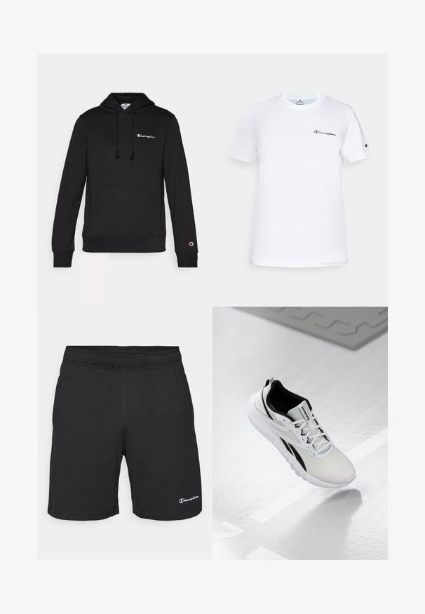 Čierna mikina s kapucňou vyrobená z jemnej zmesi bavlny, s prednou vreckom, šnúrkou na kapucni a vyšitým logom Champion v bielej farbe.; Biela bavlnená tričko s okrúhlym výstrihom, krátkymi rukávmi a čiernym vyšitým logom "Champion" na hrudi a na akcentoch rukávov.; Čierne atletické šortky s elastickým pásom, vyrobené z mäkkej tkaniny, s malým bielym logom na dolnej ľavej strane.; Svetlošedá športová topánka s čiernymi akcentmi, textúrovaný vrch z textilu, polstrovaná podrážka a šnurovací systém. Obsahuje pútko na päte.