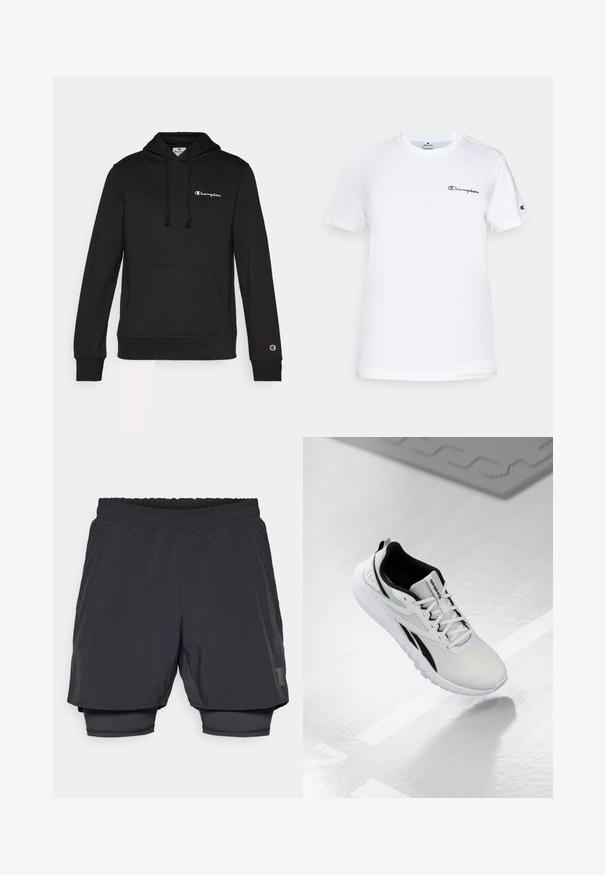 Crna hoodie napravljena od mekog pamuka s dodatkom, sa prednjim džepom, kapuljačom s vezicom i izvezenim Champion logotipom u bijeloj boji.; Bijela pamučna majica s okruglim izrezom, kratkim rukavima i crnim izvezenim logotipom "Champion" na prsima i na rukavu.; Crne atletske kratke hlače s elastičnim pojasom, slojevitim dizajnom i uskim unutrašnjim podstavom. Sadrže diskretnu oznaku na donjoj strani.; Svijetlosivi atletski tenisice s crnim akcentima, teksturirani mrežasti gornji dio, ekstra udobna potplate i vezanje na vezice. Ima oznaku za povlačenje na peti.