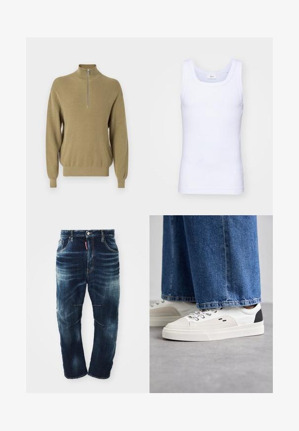 Knit pullover in olive green with a high collar and short front zipper. Ribbed texture and long sleeves, relaxed fit with a tapered hem.; White cotton sleeveless tank top with a round neckline, featuring a smooth texture and a fitting shape, designed for casual wear.; Dark blue denim jeans with a faded wash, five-pocket design, zip fly, and contrasting stitching. Features slight distressing on the knees.; White and black sneakers with a smooth leather upper, textured accents, and a chunky white sole. Features a classic lace-up design.