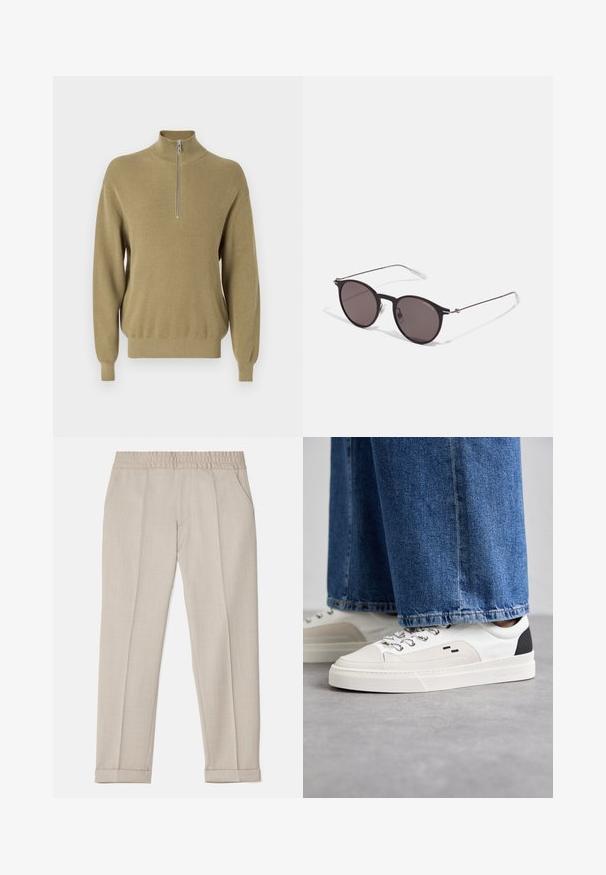 Olive rohelise värvi kudum, millel on kõrge kaelus ja lühike eesmine tõmblukk. Ribitud tekstuur ja pikad袖, relaxeeritud lõige kitsa hemiga.; Filippa K TERRY CROPPED TROUSERS - Püksid - sage melange; Valged ja mustad spordijalatsid sileda nahkpealise, tekstuursete aktsentidega ja paksu valge tallaga. Omab klassikalist nööbistamise disaini.; Mustad mustad prillid tumedate läätsedega ja õhukeste metallist käepidemetega. Kaarja kujuga seljaosa ja hõbedased aktsendid hingel. Minimalistlik disain.