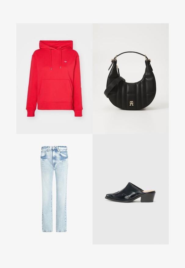 GANT SHIELD HOODIE - Mikina - bright red; Světlé modré džíny s rovnými nohavicemi, pěti kapsami a ošoupanou strukturou. Obsahují viditelné švy a klasické zapínání na knoflík.; Černé lakované muly s špičatou špičkou, zakřiveným designem a nízkým blokovým podpatkem, který má dekorativní prošívání na svršku.; Černá kožená kabelka s zakřiveným tvarem, prošívanou texturou a zlatými detaily. Obsahuje odnímatelný ramenní popruh a detail s logem.