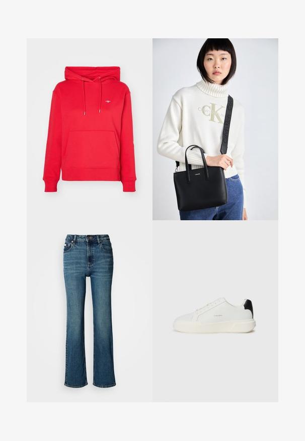 GANT SHIELD HOODIE - Felpa - bright red; Jeans a vita alta blu in denim, con un design a gamba dritta, lievi sbiaditure e chiusura con bottone e cerniera standard.; Sneaker bianco con tomaia in pelle liscia, punta tonda, chiusura con lacci e un contrasto di colore nero sul tallone. Presenta una suola in gomma testurizzata.; Borsa a mano in pelle nera con doppi manici superiori e tracolla removibile. Presenta un logo argentato sul davanti e una texture liscia.