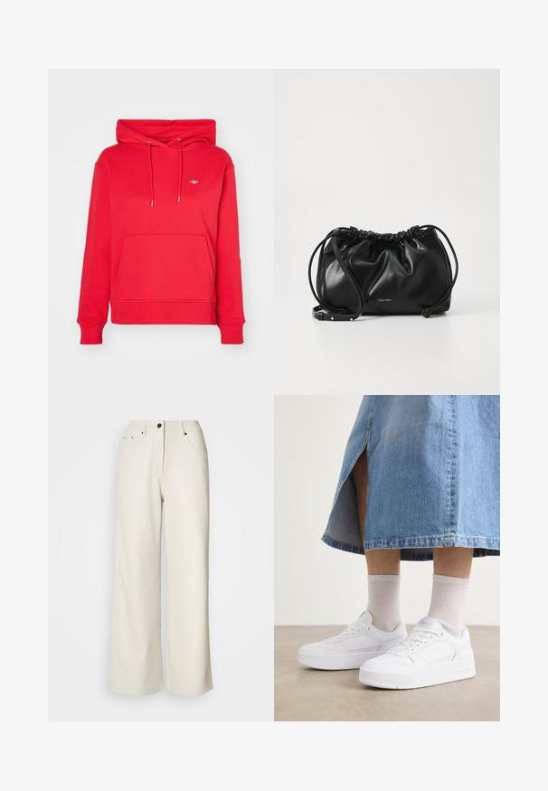 GANT SHIELD HOODIE - Sweatshirt - bright red; Kremfargede vide bukser laget av glatt stoff. Har en midje med middels høyde, glidelås foran, og to frontlommer med svarte detaljer.; Hvite joggesko med teksturert lær, med plattformsåle, rund tå og snøring; kombinert med lysegrå ankelsokker og et denimskjørt.; Svart lærveske med samlet design, dobbel snoråpning og avtagbar skulderrem. Har metallisk logodetalj.