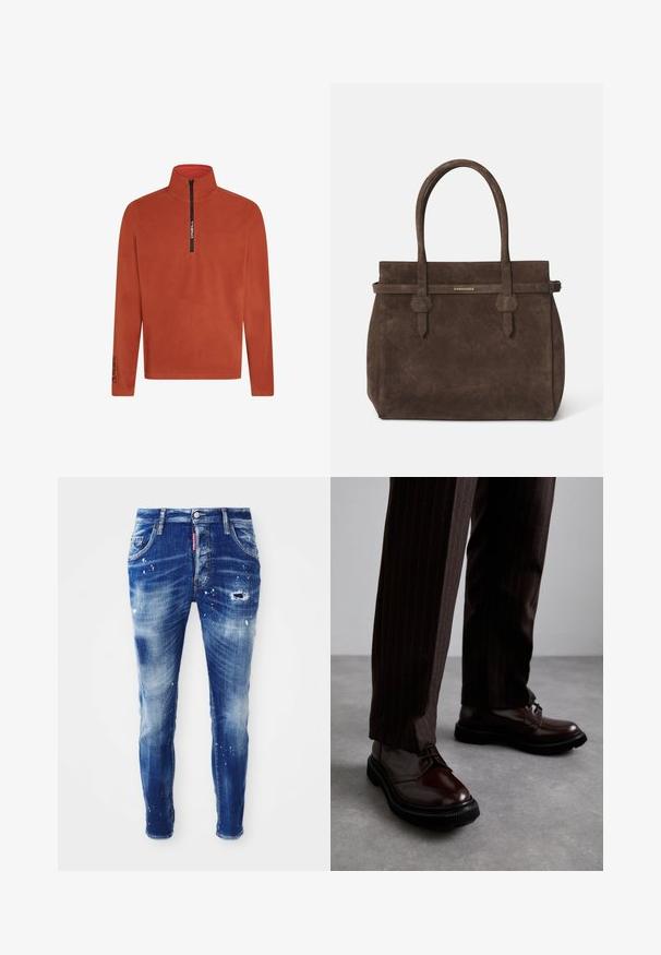 Pullover in pile arancione con zip a metà davanti. Presenta un alto colletto e un dettaglio del logo sul maniche. Tessuto morbido e testurizzato. Maniche lunghe.; Canottiera bianca in cotone senza maniche con scollatura rotonda, caratterizzata da una texture liscia e una vestibilità aderente, progettata per l'abbigliamento casual.; Jeans in denim blu skinny fit con lavaggio sbiadito, dettagli di schizzi di vernice, toppe strappate e design a cinque tasche. Etichetta del marchio rossa sulla vita.; Scarpe stringate in pelle marrone con finitura lucida, suola in gomma nera e cuciture sottili. Indossate con pantaloni marroni a righe.; Borsa a spalla in suede marrone scuro con doppi manici e una tracolla orizzontale, dotata di una piccola placca con il logo DSQUARED2 in oro.