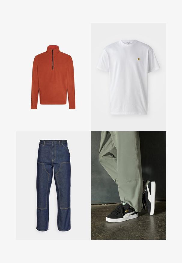 Oranje fleece pullover met een halve rits aan de voorkant. Heeft een hoge kraag en logo-detail op de mouw. Zacht, gestructureerd materiaal. Lange mouwen.; Witte katoenen t-shirt met korte mouwen en ronde hals, voorzien van een klein gouden logo op de linkerkant van de borst. Zachte textuur en een normale pasvorm.; Donkerblauwe denim jeans met een hoge taille, rechte pijpen, contrasterende stiksels en opgestikte zakken aan de voorkant.; Zwarte suède sneakers met witte rubberen zolen en zijstrepen, gecombineerd met lichtgroene cargobroeken, staande op een gestructureerd donker oppervlak.
