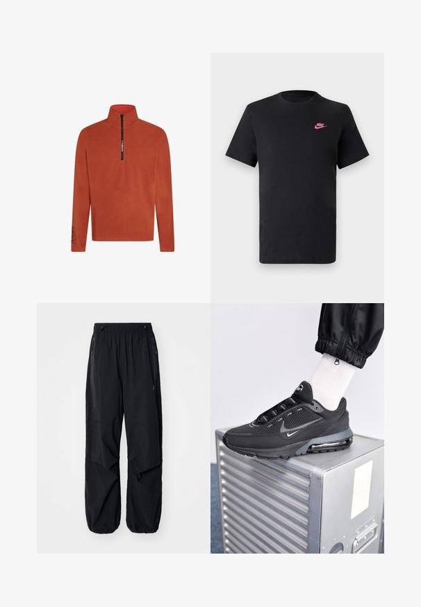 Oranžový fleece svetr s polovičním zipem vpředu. Obsahuje vysoký límec a logo detail na rukávu. Měkká, strukturovaná tkanina. Dlouhé rukávy.; Černé bavlněné tričko s kulatým výstřihem a krátkými rukávy. Na horní levé straně se nachází růžové logo Nike. Hladká textura.; Černé lehké cargo kalhoty s elastickým pasem, bočními zipy a prostornými kapsami. Mají volný střih a zúžené manžety.; Nike Sportswear PULSE - Tenisky - black/anthracite
