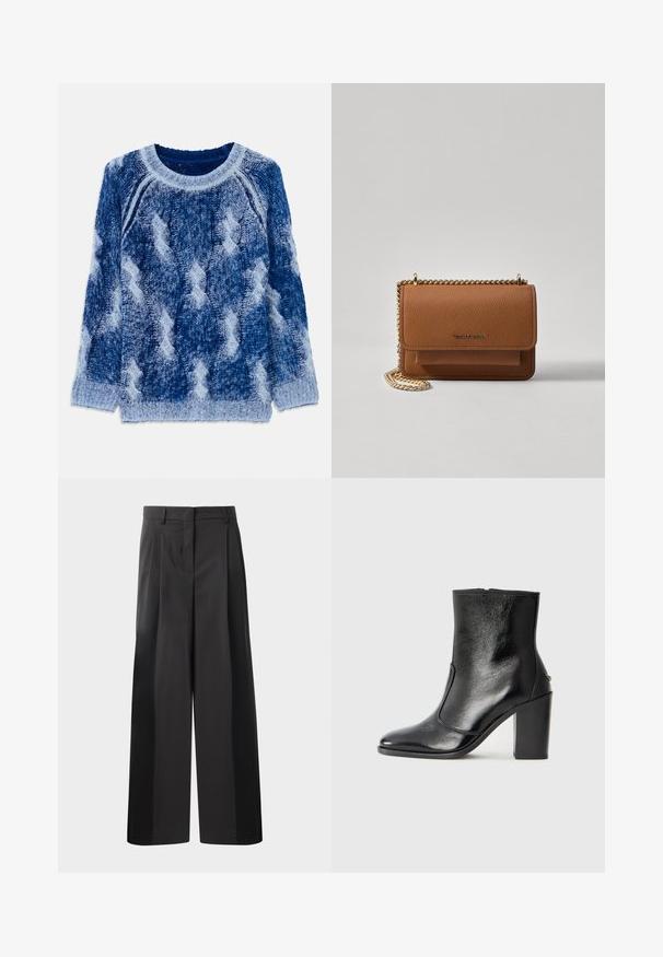Pletený sveter v rôznych odtieňoch modrej s vystúpeným diamantovým vzorom, okrúhlym výstrihom a dlhými rukávmi, vyrobený z mäkkej priadze.; Čierne široké nohavice s vysokým pásom, so záhybmi vpredu, hladkou textúrou a prispôsobeným strihom. Navrhnuté pre uvoľnený strih.; Čierna kožená kotníková obuv s hladkým povrchom, špicatou špičkou a masívnym vysokým podpätkom. Zdobená bočným otvorom a minimalistickým dizajnom.; Hnedá textúrovaná kožená taška cez telo s zlatým reťazovým popruhom a preklopným uzáverom. Predná strana obsahuje detail s logom a vrecko pod preklopkou.