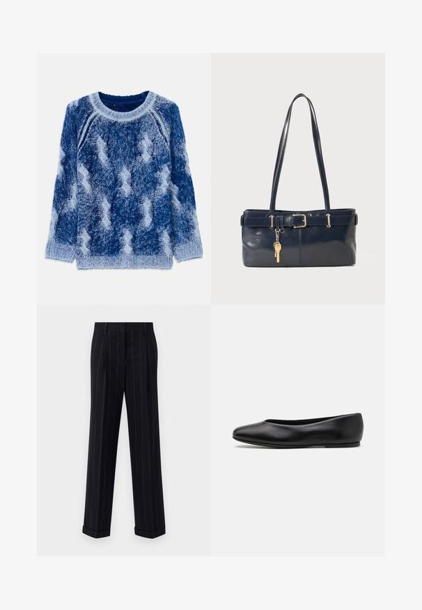 Knitted sweater in various shades of blue with a raised diamond pattern, round neckline, and long sleeves, made of soft yarn material.; Black pinstriped trousers with a tailored fit, featuring a cuffed hem and front pleats. Made of smooth fabric with a structured design.; Paul Smith TOPANGA - Ballet pumps - black; Navy leather handbag with two long handles, a buckle detail, and a keychain attached. Features a smooth texture and a rectangular shape.