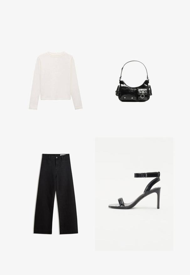 Dlhý rukáv, skrátený top z mäkkej bielej látky. Má zaoblený výstrih a jemnú textúru, s úhľadne prešitými okrajmi a rukávmi.; Čierne denimové nohavice s širokými nohavicami a vysokým pásom, so prednými a zadnými vreckami, šitými švami a zapínaním na gombík. Hladká textúra.; Čierne sandále na vysokom podpätku s lesklým povrchom, ktoré majú dve tenké popruhy a členkový popruh, umiestnené na štíhlom stiletto podpätku.; Čierna laková kožená kabelka s ohnutým tvarom, jedným ramenným popruhom, prednými vreckami a striebornými kovovými doplnkami.