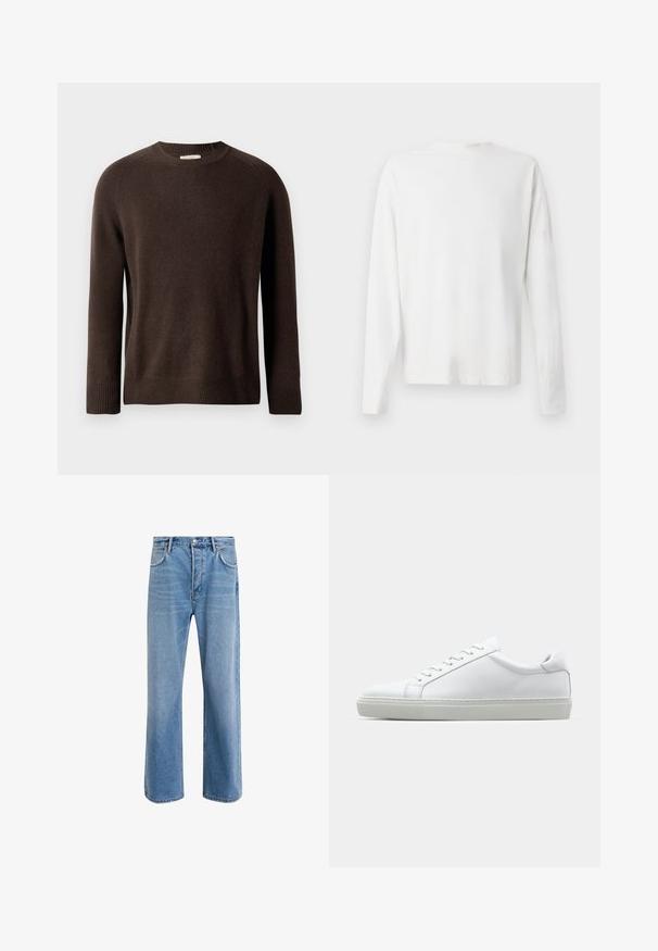 Brown long-sleeve crewneck sweater with ribbed cuffs and hem, displayed against a plain light background.; Long-sleeved white cotton shirt with a round neckline, side slits at the bottom, and a smooth texture, displayed from the back.; Light blue denim jeans with a straight-leg design, five pockets, button closure, minimal fading, and contrasting stitching details.; White sneaker with a smooth leather upper and a low profile. Features a rounded toe, six eyelets, and a textured rubber sole.