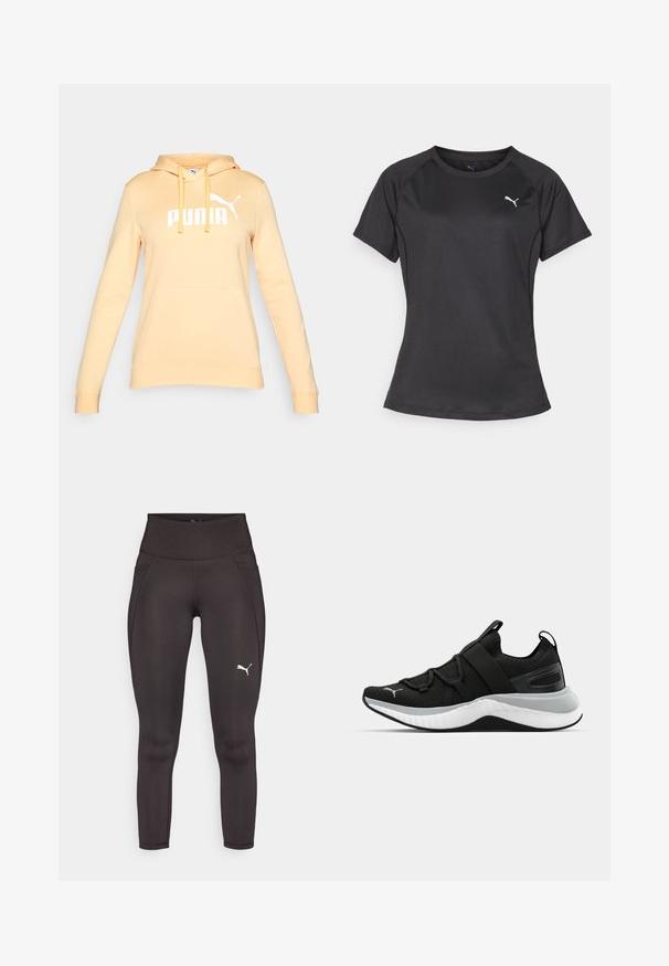 Jasnożółta bluza z kapturem z kieszenią kangurką, sznurkami do ściągania oraz białym logo "PUMA" na klatce piersiowej. Miękka tkanina i prążkowane mankiety.; Czarna koszulka sportowa z krótkim rękawem i okrągłym dekoltem, wykonana z gładkiego materiału, z małym białym logo na lewej stronie klatki piersiowej.; Czarne legginsy sportowe z elastycznego materiału z wysokim stanem, z bocznymi kieszeniami i białym logo na lewej nogawce.; Czarne sportowe buty z teksturowaną cholewką, elastycznymi paskami i grubą białą podeszwą środkową. Posiadają szary akcent wzdłuż podeszwy.