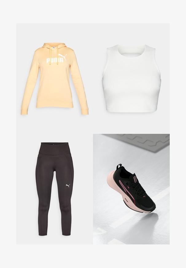 Ljusgul hoodie med känguruficka, dragsko och en vit "PUMA"-logotyp på bröstet. Mjuk tyg och ribbade ärmslut.; Vit ärmlös crop top i slätt tyg, med rund halsringning och öppen ryggdesign, med snygg sömnad längs kanterna.; Svarta träningstights tillverkade av ett elastiskt material med hög midja, med sidofickor och en vit logotyp på vänster ben.; Svart idrottssko med rosa accenter och en strukturerad ovandel. Har en vadderad rosa sula och svarta snören. Lättviktsdesign för prestanda.
