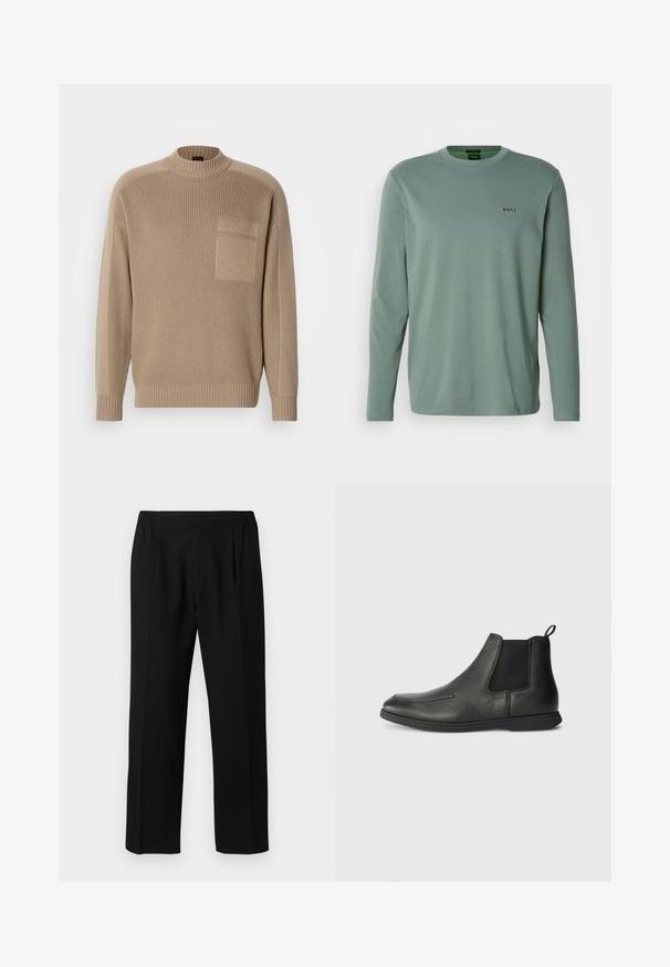 Beež villane sviiter pikade varrukatega, soonikkoes krae ja mansetid ning vasakul rinnal tekkepocket.; Heled rohelise pika varrukaga T-särk, mis on valmistatud pehmest kangast. Omab ümarat kaelust ja väikest "BOSS" logosid, mis on ära toodud rinna peal.; Mustadest kangast püksid, millel on sile kude, elastne vöökohus, sirge jala disain ja kaks esist pikendust, et lisada detaili.; Mustade nahast põlve kõrged saapad siledast tekstuurist, elastsete külgpaneelidega ja taga tõmbenööriga. Ümmargune nina ja kummist tald.