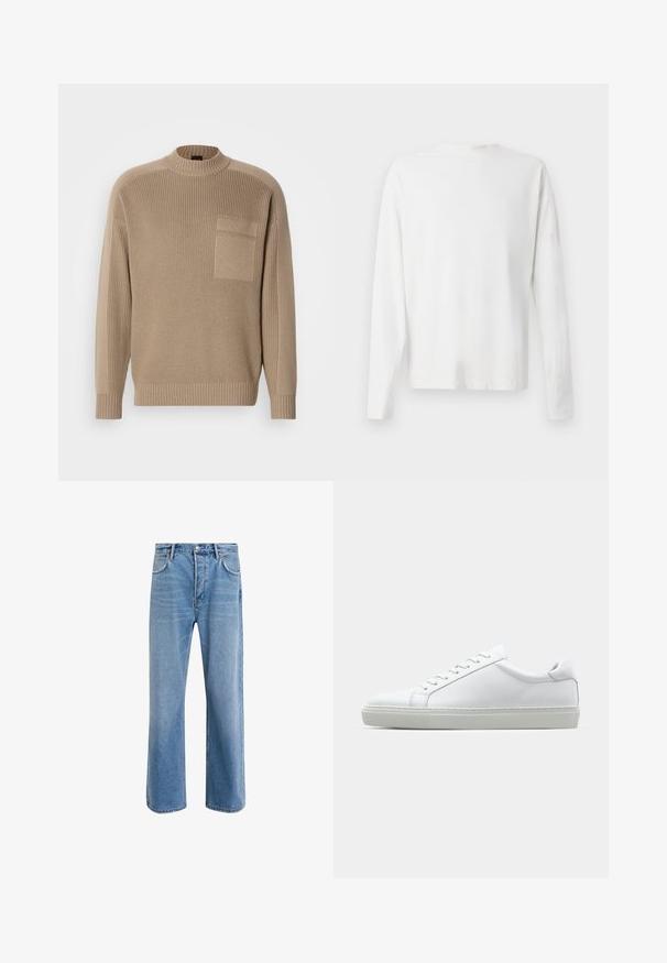 Pull en tricot beige à manches longues, col et poignets côtelés, et une poche à rabat sur le côté gauche de la poitrine.; Chemise en coton blanc à manches longues avec un col rond, fentes latérales en bas et une texture lisse, présentée de dos.; Jeans en denim bleu clair avec une coupe droite, cinq poches, fermeture à bouton, peu d'usure et des détails de couture contrastés.; Sneaker blanche avec une tige en cuir lisse et un profil bas. Présente un bout arrondi, six œillets et une semelle en caoutchouc texturé.