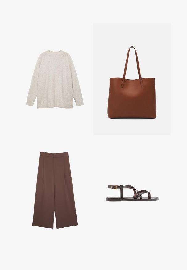 Hellbeige Pullover aus weichem Material, mit rundem Halsausschnitt, langen Ärmeln und gerippten Bündchen und Saum für zusätzliche Struktur.; Braune Weite-Leg-Hosen mit einer glatten Textur, hoher Taille und Vorderfalten. Der Stoff ist leicht und fällt locker.; Braune Leder-Sandale mit überkreuzten Riemen, einem Knöchelriemen mit Schnalle und einer flachen Sohle mit minimalen Nähdetails.; Braune Leder-Tote mit glatter Textur, offenem Oberteil und zwei Schulterriemen. Verfügt über minimale Nähte und keine sichtbaren Beschläge.