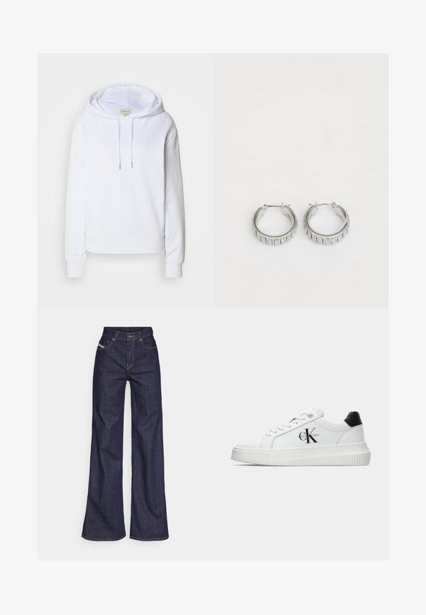 Bela mikica iz mehke tkanine, s kapuco na vrvico, ribastimi manšetami in robom ter vezenim logotipom na prsih.; Temno modri široki kavbojke iz denima z visokim pasom, ki imajo oranžne šive, pet žepov in gumba za zapiranje.; Bele nizke superge z črnim hrbtnim delom, platformo, vezalkami in Calvin Klein "CK" logotipom na strani.; Srebrni obroči s teksturiranim dizajnom, ki vsebuje navpične rebraste vzorce. Krožna oblika z varnim zapiranjem na zaponko. Gladek zaključek.