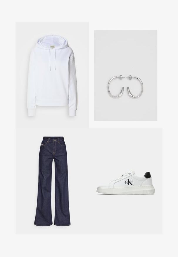 Weißer Hoodie aus weichem Stoff, mit einer Kapuze mit Kordelzug, gerippten Bündchen und Saum sowie einem gestickten Logo auf der Brust.; Dunkelblaue weite Jeans aus Denimstoff mit hoher Taille, ausgestattet mit orangefarbenen Nähten, fünf Taschen und einem Knopfverschluss.; Weiße Low-Top-Sneaker mit schwarzem Fersenpatch, Plateau-Sohle, Schnürsenkeln und Calvin Klein "CK"-Logo an der Seite.; Silberne Creolen mit einer glatten, glänzenden Oberfläche. Abgerundete Form, leichtes Design, mit einer Steckverschluss.