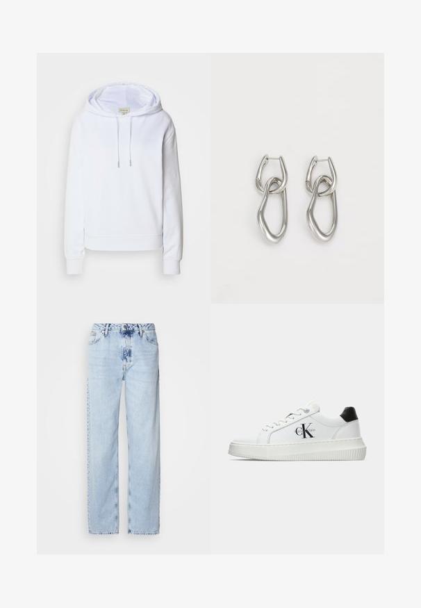 Biela mikina vyrobená z mäkkej tkaniny, s kapucňou na šnúrku, rebrovanými manžetami a dolným okrajom a vyšitým logom na hrudi.; Svetlomodré široké džínsy vyrobené z denimu, s vysokým pásom, vyblednutým umývaním a jemným vzorom batikovania na prednej strane.; Biele nízke tenisky s čiernym pätkovým dielom, platformovou podrážkou, šnúrkami a logom "CK" značky Calvin Klein na boku.; Calvin Klein STATEMENT LINKS - Náušnice - silver-coloured