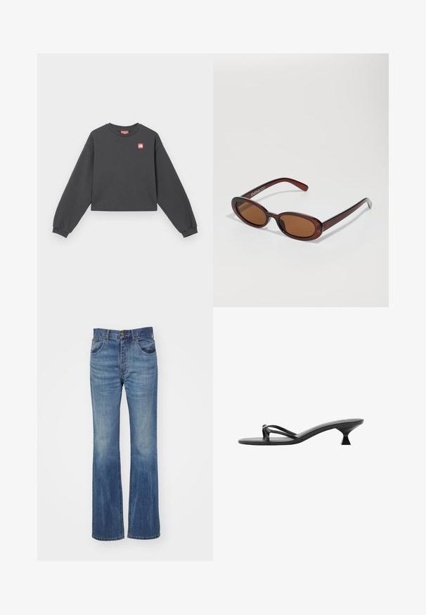 Skórzana, długosleeve'owa bluza w ciemnoszarym kolorze z bawełny, z okrągłym dekoltem i małą czerwoną łatką z logo na piersi. Miękka w dotyku.; Niebieskie dżinsy o fasonie dzwonowym z średnim wybarwieniem, z wysokim stanem, paskiem z szlufkami i przednimi kieszeniami. Gładka tekstura z minimalnymi przetarciami.; Czarne sandały na obcasie z wyglądem minimalistycznym, cienkimi paskami i unikalnym trójkątnym obcasem. Gładka tekstura i prosty design.; Okrągłe, brązowe okulary przeciwsłoneczne z błyszczącą bordową oprawą. Cienkie ramiona z subtelnym detalem marki. Płaski kształt soczewek.