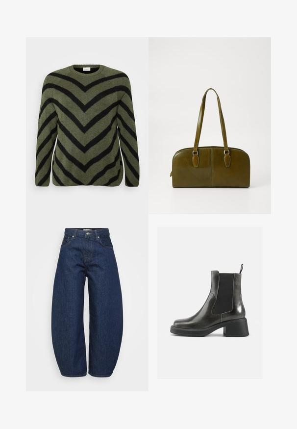 Zelený svetr s černými chevronovými pruhy. Kulatý výstřih, dlouhé rukávy a měkká textura. Rovný lem s mírnými bočními rozparky.; Tmavě modré džínové kalhoty s širokým, volným střihem. Mají zipový rozparek, čtyři kapsy a kontrastní prošití podél švů.; Černé kožené kotníkové boty s hladkým povrchem, elastickými bočními panely a masivním podpatkem. Obsahují poutko pro snadnější nazouvání.; Oliveově zelená kožená kabelka zaobleného tvaru, se dvěma uchy a bezšvým předním dílem. Disponuje hladkým povrchem a jemnými švy.; Stříbrné kovové náušnice s vlnitým, sochařským designem s leštěným povrchem a nepravidelnými tvary, které zdůrazňují moderní estetiku.