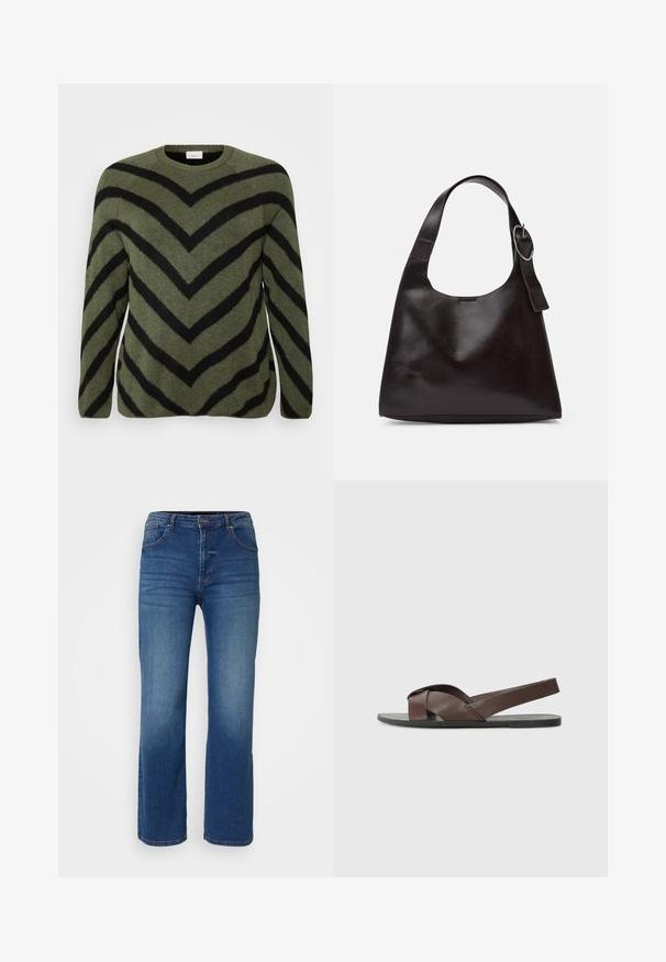 Zeleno pulover z črnimi črtami v vzorcu v obliki črke V. Okrogla ovratnica, dolgi rokavi in mehak tekstil. Ravn raven rob z rahlim stranskim razpiranjem.; Temno modri kavbojke z ravnimi nogavicami, petimi žepi ter z gumbom in zadrgo. Gladka tekstura z minimalnim zbledelostjo.; Rjave usnjene sandale s križno-zasnovo, ravnim črnim podplatom in nastavljivim zadnjim trakom. Gladka tekstura in minimalni detajli strojne opreme.; Rjava usnjena torba za ramo z gladko teksturo, okroglo obliko, širokim trakom in krožno kovinsko akcenco na ročaju.