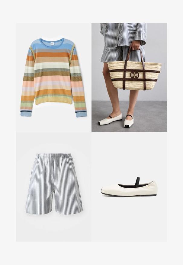 Striped knit sweater in blue, orange, green, and pastel shades. Features ribbed texture, round neckline, and decorative accents on sleeves.; Striped shorts in navy and white cotton, featuring an elastic waistband and a relaxed fit. Mid-thigh length with subtle stitching details.; Flat ballet shoe in white leather with a rounded toe, black elastic strap, and small gold emblem near the heel. Soft texture and minimalist design.; Woven straw tote bag with brown leather accents and handles. Features a cutout logo and contrasting horizontal bands.