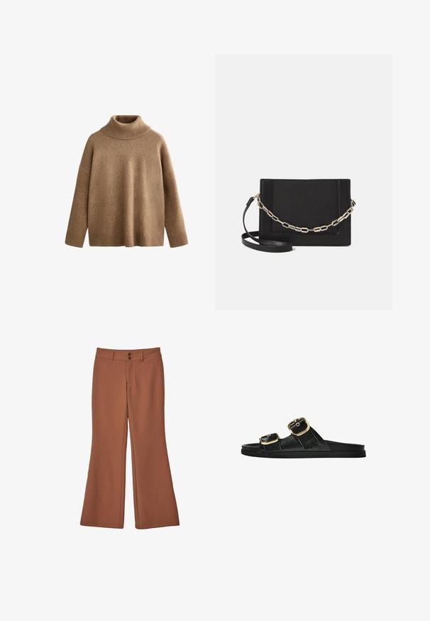 Rjava pletena pulover s turtleneck ovratnikom in rebrastimi manšetami. Ohlapen kroj z gladko teksturo in brezšivno zasnovo.; Rjave, široke hlače iz mehkega blaga. Imajo dva sprednja gumbka in gladko teksturo brez vidnih vzorcev ali dodatkov.; Črne drsne sandale z dvema zlatima zaponkama, gladkega materiala, ravnim podplatom in minimalističnim dizajnom.; Črna usnjena torba čez ramo z gladko teksturo, pravokotno obliko in kovinskim verižnim detajlom spredaj. Vključena je nastavljiva naramnica.
