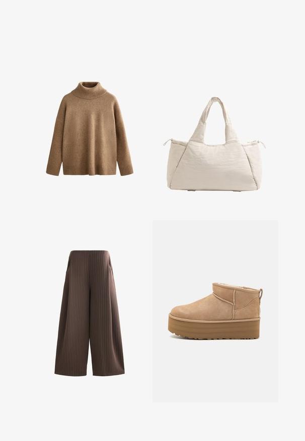 Brun stickad polotröja med ribbad krage och manschetter. Löst sittande siluett med en slät yta och sömlös design.; Bruna byxor med vida ben och vertikala vita ränder, som har sidofickor och en slät yta. Platt midja utan synlig hårdvara.; Beiga mockaskängor till anklarna med en mjuk inredning, med en plattformssula och en dragsko baktill för enkel påtagning. Mönstrad gummisula.; Beige kviltad tote-väska med två handtag, rund form, textilmaterial med struktur och en dragstringsficka på sidan. Slät yta, minimalistisk design.