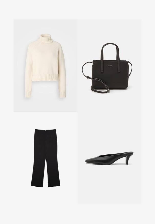 Sweter w kolorze kremowym z wysokim kołnierzem, skrócony fason, ribbowe wykończenie przy kołnierzu i dolnej krawędzi, teksturowana dzianina, długie rękawy z dopasowanymi mankietami.; Czarne spodnie o prostym kroju, z przednimi kieszeniami i bocznymi rozcięciami na dole. Wykonane z miękkiego, gładkiego materiału. Odpowiednie na różne okazje.; Czarne skórzane mule z ostrym noskiem i niskim obcasem w szpilkach. Gładka tekstura, minimalistyczny design i otwarty tył dla łatwego zakładania.; Czarna torebka z dwoma krótkimi uchwytami i odpinanym paskiem na ramię. Gładki materiał przypominający skórę, z zamkiem błyskawicznym i detalem z logo.