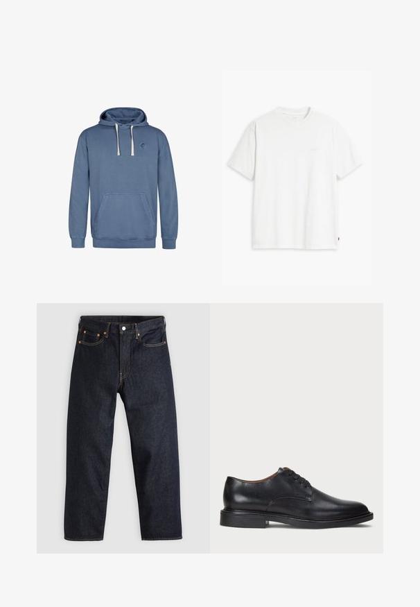 Felpa blu realizzata in tessuto morbido, con tasca frontale, cappuccio regolabile con cordino e logo circolare sul petto.; T-shirt bianca in cotone con maniche corte, scollo rotondo e un sottile logo "Levi's" stampato in colore chiaro sul davanti.; Jeans in denim blu scuro con taglio dritto, cinque tasche, cuciture arancioni a contrasto e chiusura con bottone. Nessun motivo o decorazione visibile.; Scarpa da uomo in pelle nera con punta rotonda, design con lacci e tacco basso impilato. Texture liscia con dettagli di cucitura minimi.