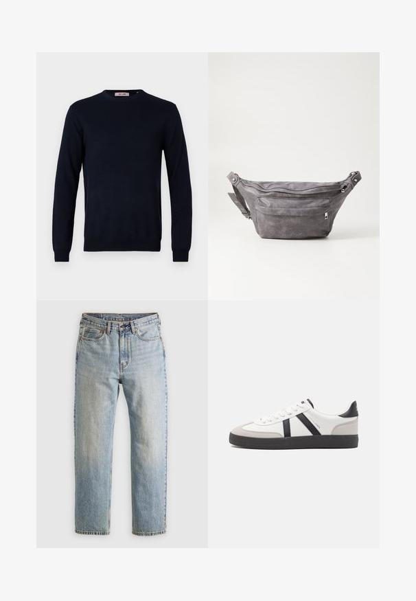 Granatowy sweter okrągło-dekoltowy wykonany z gładkiego dzianiny, z długimi rękawami oraz ściągaczami na mankietach i dole. Minimalistyczny design bez wzorów.; Jasnoniebieskie dżinsy z wysokim stanem, z guzikiem z przodu, zamkiem błyskawicznym i pięcioma kieszeniami, ułożone na płasko na neutralnym tle.; Białe sneakersy z czarnymi i szarymi akcentami, z teksturowanym szarym czubkiem, czarną gumową podeszwą i płaskimi białymi sznurowadłami. Czysty design, minimalistyczny styl.; Szara zamszowa saszetka biodrowa o zaokrąglonym kształcie, z dwoma zasuwanymi komorami i regulowanym paskiem. Wyróżnia się metalowymi akcentami.