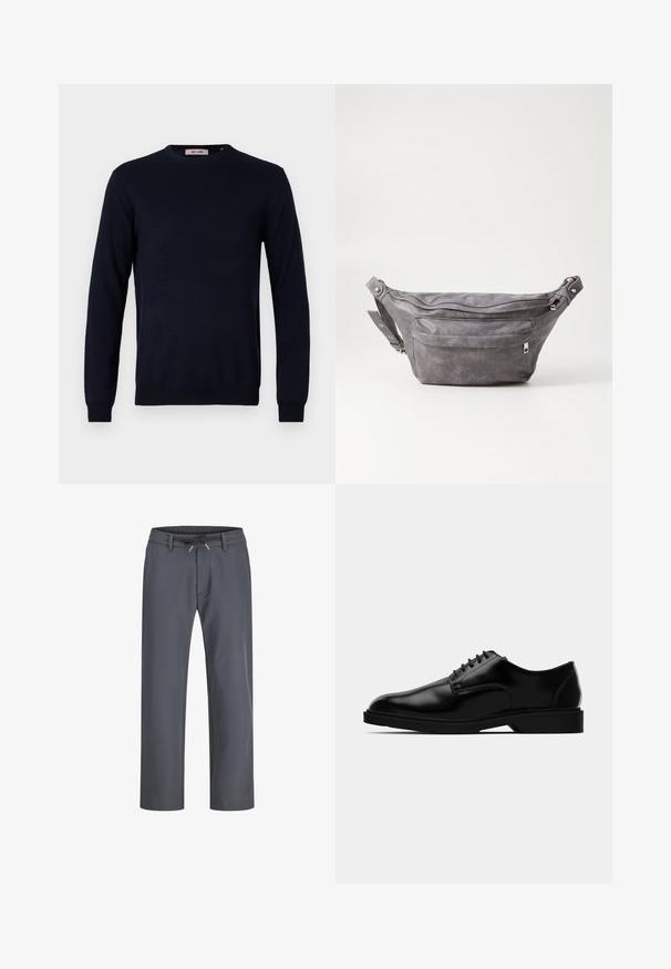 Marlově modrý svetr s kulatým výstřihem vyrobený z hladkého pleteného materiálu, s dlouhými rukávy a žebrovanými manžetami a spodním lemem. Minimalistický design bez vzorů.; Šedé kalhoty s elastickým pasem a šňůrkou. Rovný střih, vyrobené z hladké tkaniny, mají minimální švy a žádné viditelné kovové prvky.; Černé kožené společenské boty s hladkým povrchem, zaoblenou špičkou, šněrováním a decentní gumovou podrážkou pro lepší trakci.; Šedý semišový ledvinka s kulatým tvarem, dvěma zipovými přihrádkami a nastavitelným popruhem. Obsahuje kovové akcenty.