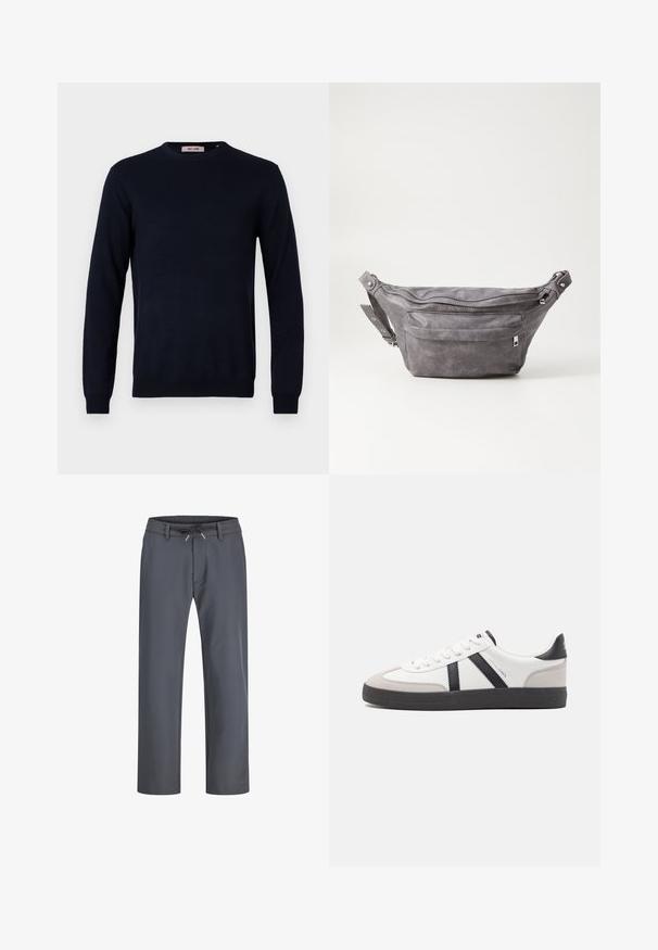 Tamnoplavi pulover s okruglim izrezom izrađen od glatke pletene tkanine, s dugim rukavima i rebrastim manžetama i rubom. Minimalistički dizajn bez uzoraka.; Sive, hlače s elastičnim pojasom i vezicom. Imaju ravne nogavice, izrađene su od glatkog materijala, s minimalnim šavovima i bez vidljivih metalnih dijelova.; Bijele tenisice s crnim i sivim detaljima, s teksturiranim sivim zaštitnikom prstiju, crnim gumene potplate i ravnim bijelim vezicama. Čist dizajn, minimalistički stil.; Siva zamšasta torbica preko struka sa zaobljenim oblikom, dva zip zatvorena odjeljka i podesivim remenom. Sadrži metalne naglaske.