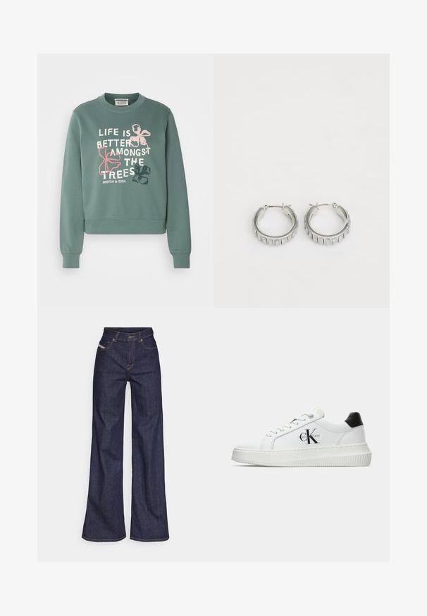 Zielony bawełniany sweatshirt z długimi rękawami, ściągaczami przy mankietach i u podstawy. Zawiera biały i różowy tekst z kwiatowymi wzorami, na którym napisano "ŻYCIE JEST LEPSZE WŚRÓD DRZEW."; Ciemnoniebieskie dżinsy szerokie w nogawkach wykonane z denimu, z wysokim stanem, z pomarańczowymi przeszyciami, pięcioma kieszeniami i zapięciem na guzik.; Białe sneakersy typu low-top z czarnym paskiem na pięcie, platformą, sznurowadłami i logo "CK" marki Calvin Klein na boku.; Srebrne kolczyki w kształcie obręczy o teksturowanym wzorze z pionowymi żłobieniami. Okrągły kształt z pewnym zapięciem. Gładkie wykończenie.