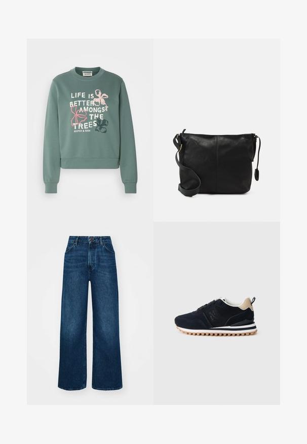 Felpa in cotone verde con maniche lunghe, polsini e orlo a coste. Presenta testo bianco e rosa con motivi floreali, che dice "LA VITA È MEGLIO TRA GLI ALBERI."; Jeans a vita alta e gamba larga in denim blu scuro con una texture liscia, cuciture a contrasto e design a cinque tasche. Chiusura frontale con bottone.; Scarpa sportiva blu navy con tomaia in mesh e suede, dettagli beige, intersuola bianca e suola in gomma testurizzata con battistrada a motivo.; Borsa a tracolla in pelle nera con forma piatta, dettagli in metallo dorato e tracolla regolabile. Texture liscia con dettagli di cucitura minimi.