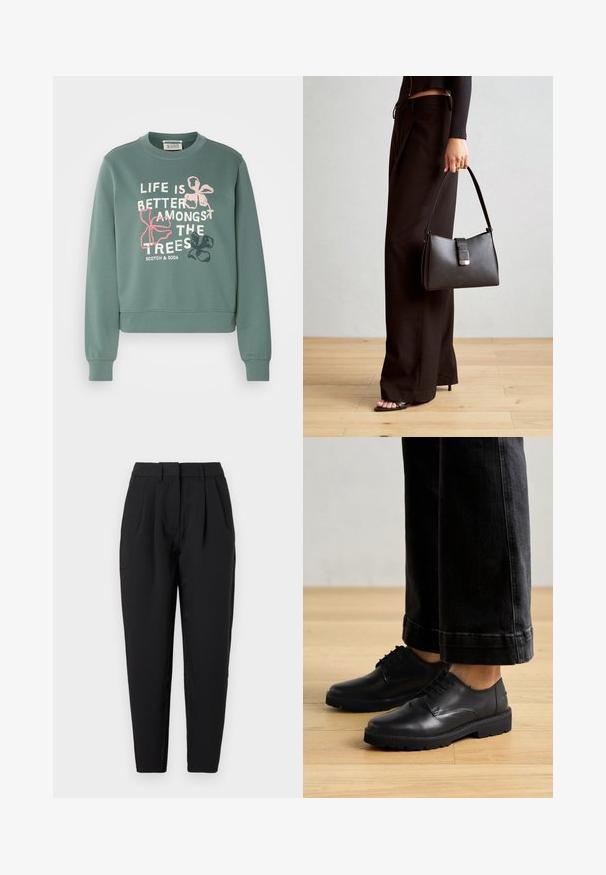 Hanorac verde din bumbac cu mâneci lungi, cu manșete și tiv întărit. Are text alb și roz cu desene florale, spunând "Viața este mai bună printre arbori."; Pantaloni negri cu o croială dreaptă, având pliseuri în partea din față, o textură netedă și buzunare laterale. Talie de înălțime standard.; Pantofi negri din piele, cu șireturi, cu o textură netedă, vârf rotunjit și talpă groasă din cauciuc, asortați cu blugi dark cropped.; Genți negre cu o formă structurată, textură netedă și un închizător metalic. Asortată cu pantaloni negri largi și sandale cu vârf deschis pe un podea din lemn.