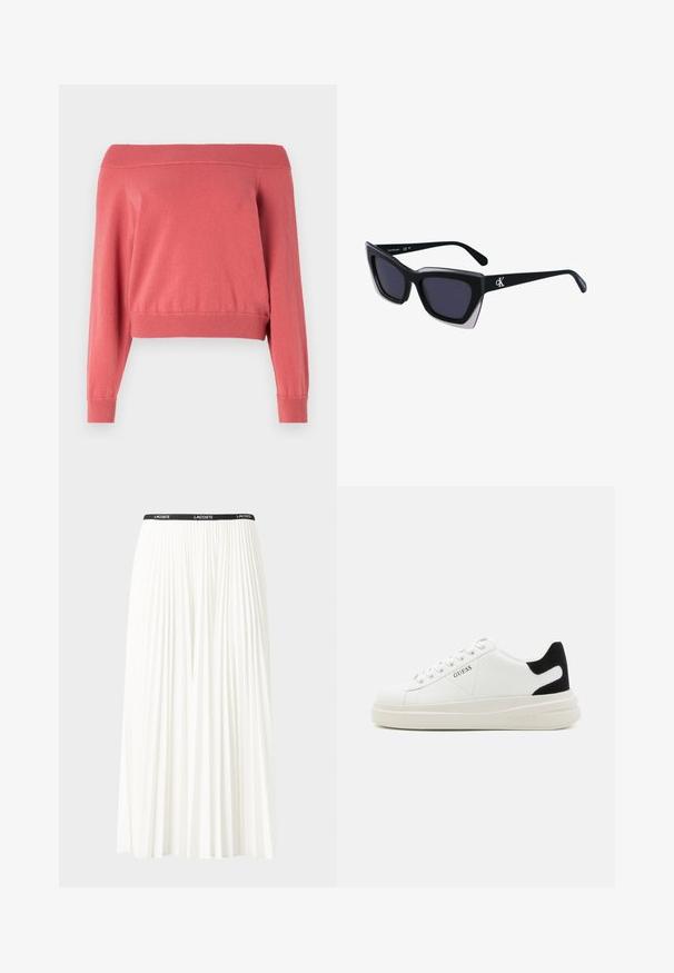 Korallefarbenes Off-Shoulder-Pullover mit langen Ärmeln, geripptem Ausschnitt und Bündchen sowie engem Taillenbund. Weicher, strukturierten Stoff.; Faltenrock aus Weiß mit einem schwarzen elastischen Bund, der das "LACOSTE"-Logo trägt. Mittellanges Design mit weicher Textur.; Weiße Leder-Sneaker mit einer dicken weißen Sohle, schwarzem Wildlederakzent an der Ferse und geprägtem Logo an der Seite. Schnürdesign mit sechs Ösen.; Schwarze übergroße Sonnenbrille mit geometrischer Form, ausgestattet mit dunklen Gläsern und einem kontrastierenden grauen Detail im Rahmen. Logo am Bügel.