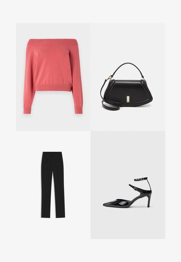 Coral off-the-shoulder sweater with long sleeves, ribbed neckline and cuffs, and a fitted waistband. Soft, textured fabric.; Black tailored trousers with a straight-leg design, featuring front pockets and a smooth, textured fabric. Neat, minimal detailing.; Black patent leather heels with a pointed toe, adjustable ankle straps, and a slender heel. Smooth texture with a shiny finish.; Black leather handbag with a structured design, featuring a cropped shape, top handle, and gold hardware accent. Adjustable shoulder strap included.