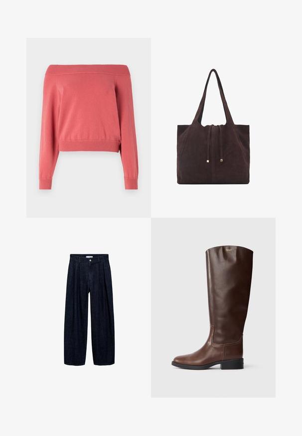 Koralli off-the-shoulder neuletakki, jossa on pitkät hihat, röyhelökaulus ja hihansuut, sekä istuva vyötärö. Pehmeä, teksturoitu kangas.; Tummansinisiä leveälahkeisia housuja, joissa on laskoksia vyötäröllä, etupainike ja vyön lenkit. Sujuva rakenne ja täyspitkä muotoilu.; Ruskotuiset, ruskeat polven korkuiset saappaat, joissa on sileä pinta, pyöreä kärki ja matala lohkokanta. Niissä on hienovarainen ommelkuvio ja logo ylhäällä.; Mango Shopping bag - dark brown