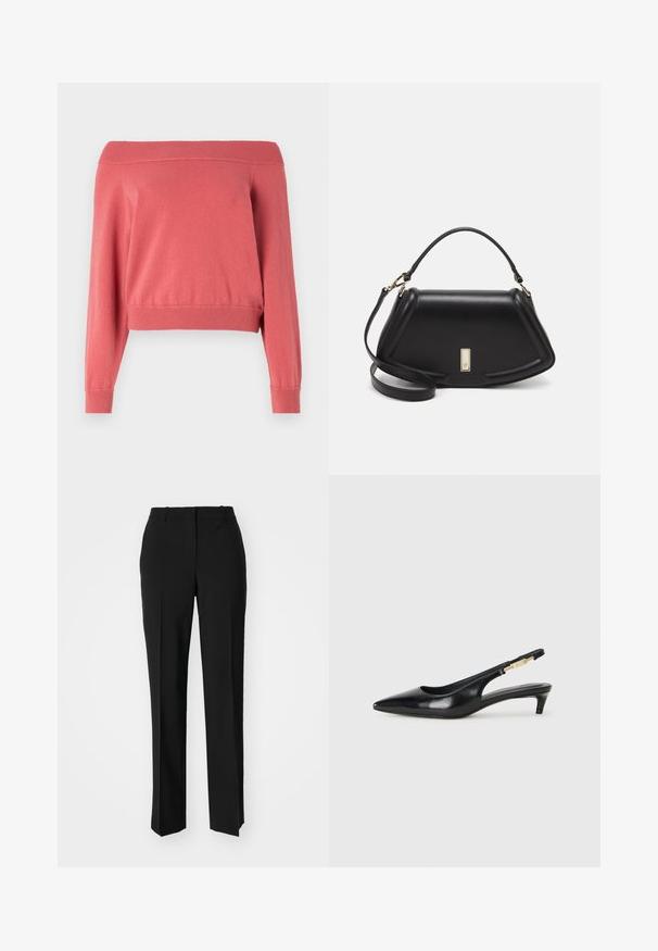 Hele õlgadele ulatuv korallitooni kudum, millel on pikad varrukad, soonikkoes kaelus ja mansetid ning vormitud vöökoht. Pehme, tekstuuriga kangas.; Mustad ja sirged püksid, millel on sile tekstuur ja teravad voldid esiosas. Ilma nähtavate detailideta.; Mustad nahast slingback kontsad terava ninaga, millel on õhuke konts ja kuldse tooni aktsent reguleeritaval rihmal. Sile tekstuur.; Must mustrist käekott, millel on struktureeritud disain, lühendatud kuju, ülemine käepide ja kuldne metallist detail. Reguleeritav õlalihm on kaasas.