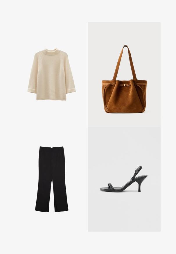 Cremefarbener gerippter Strickpullover mit hochgeschlossenem Kragen und Dreiviertelärmeln, mit umgeschlagenen Säumen und einem lässigen, lockeren Schnitt.; Schwarze Hose mit geradem Schnitt, ausgestattet mit Fronttaschen und Seitenschlitzen am Saum. Hergestellt aus weichem, glattem Stoff. Geeignet für verschiedene Anlässe.; Schwarze Leder-Sandalen mit hohen Absätzen, schlankem, gebogenem Absatz und gekreuztem Riemendesign. Verstellbarer Knöchelriemen. Glatte Textur.; Braune Wildleder-Umhängetasche mit zwei Griffen, einem Knopfverschlussriemen und einer entspannten, leicht schlaffen Form.