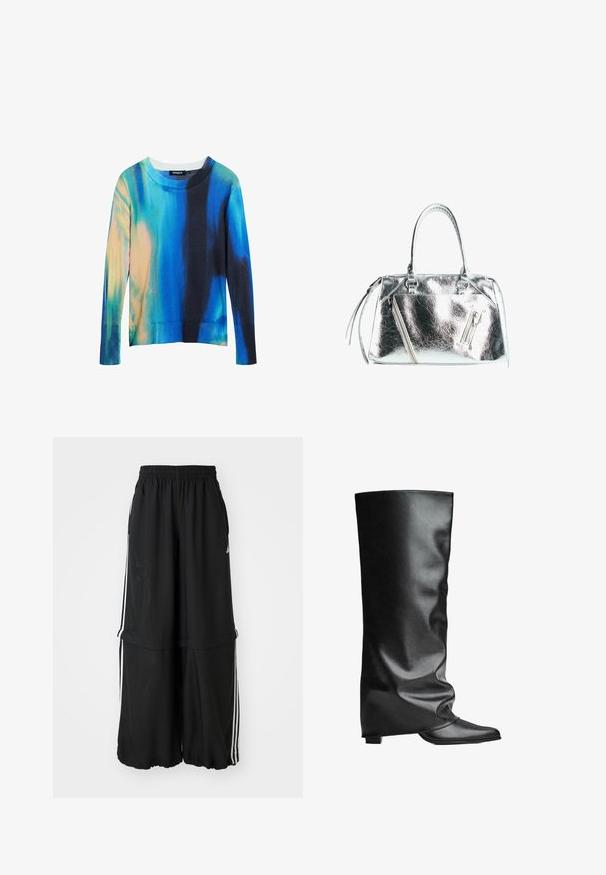 Pulover multicolor cu mânecă lungă și guler rotund, având o combinație de nuanțe de albastru, verde smarald și portocaliu, cu tiv striat și textură moale.; Pantaloni atletici negri cu un tiv elastic, dungi pe lateral și o croială lejeră, cu un tiv strâns pentru un aspect fluid.; Bocanci negri din piele până la genunchi, cu o textură netedă, design lejer, vârf ascuțit și toc pătrat mic. Stil minimalist fără elemente de hardware vizibile.; Geantă argintie metalizată cu o formă structurată, două mânere superioare și buzunare cu fermoar în față. Textură netedă și strălucitoare.