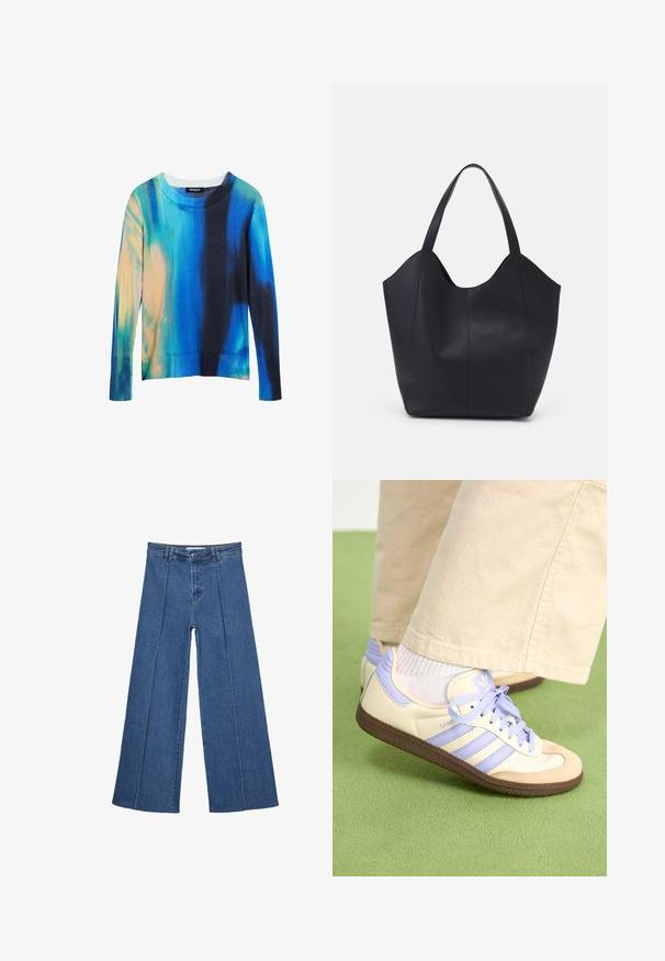 Wielokolorowy sweter z długim rękawem i okrągłym dekoltem, zawierający połączenie odcieni niebieskiego, turkusowego i pomarańczowego, z ribbowanym dołem oraz miękką teksturą.; Jeans typu wide-leg w średnim niebieskim kolorze, z wysokim stanem, zapięciem na guziki oraz kontrastowymi szwami pionowymi z przodu.; Kremowe i lawendowe trampki z trzema paskami oraz teksturowaną brązową podeszwą, wyposażone w sznurówki i wyścieloną piętę. Górna część z miękkiego materiału.; Czarna torba na ramię wykonana z gładkiej skóry, z zaokrąglonym, otwartym topem i dwoma paskami na ramię oraz minimalistycznym designem.
