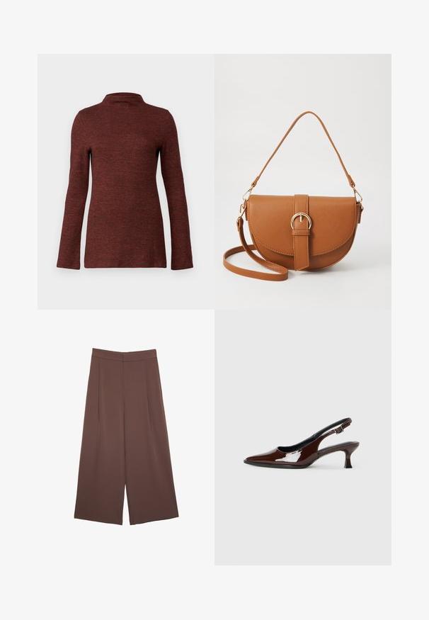 Dolga majica s turtleneck ovratnikom v strukturirani rjavi barvi, ki ima prilagojen kroj in gladko, mehko tkanino.; Rjave široke hlače z gladko teksturo, ki imajo visok pas in sprednje naborke. Tkanina je lahka in prosto pada.; Rjavi lakirani slingback čevelj z ostro konico in zmerno peto. Ima zaponko za varno prileganje. Gladka tekstura.; Rjava usnjena torbica prek telesa s ukrivljeno obliko, zlate opreme in sponko. Ima odstranljiv naramni trak.