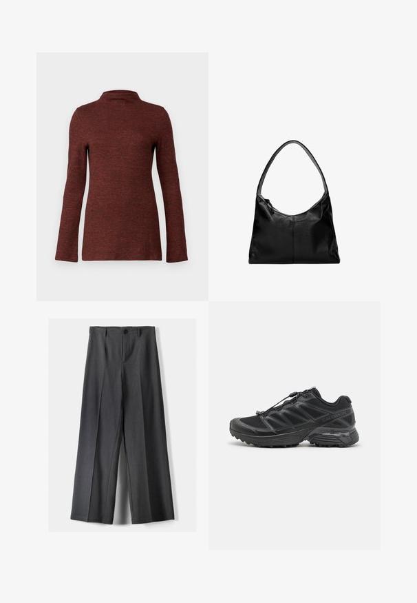 Długi rękaw, golf w strukturalnym kolorze rdzy, o dopasowanym kroju i gładkim, miękkim materiale.; Spodnie o szerokich nogawkach w ciemnoszarym kolorze, z zapięciem na guzik, plisami z przodu i szlufkami na pasek. Gładka faktura z dopasowanym krojem.; Czarny but biegowy z siateczkowym i syntetycznym wierzchem, elastyczną podeszwą oraz elastycznymi sznurówkami. Oferuje amortyzującą podeszwę środkową dla komfortu.; Czarna skórzana torba na ramię o gładkiej fakturze, zaokrąglonym wierzchu i pojedynczym pasku. Posiada zamek błyskawiczny i minimalistyczny design.