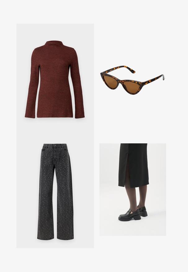 Ilgų rankovių pūsto kaklo marškiniai tekstūrinės rudų spalvų, turintys prigludusią siluetą ir lygią, švelnią medžiagą.; Noisy May NMJANNEL LOOSE - Laisvo kirpimo džinsai - black denim; Juodos odinės bateliai su apvaliu nosiu, stora blokine pakulne ir elastingais šonais, derinami su tamsiomis pėdkelnėmis ir juoda sijonu su plyšiu.; Katės akies saulės akiniai su juodu ir oranžiniu šarvuotu rėmeliu, ruda objektyvu ir elegantiškais, smailiais galiukais. Rėmelyje yra minimalus logotipas ant šventės.; Sidabrinės pusmėnulio auskarai minimalistiniu dizainu. Apskritimo forma, lygus paviršius ir plonas profilis. Lengvi su poliruotu apdailu.